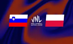Flagi Polski i Słowenii obok logo VNL. Emocje na parkiecie w Volleyball Nations League!
