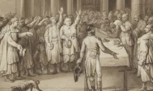 Tłum szlachty wznosi ręce, protestując. Jeden z nich, zdeterminowany, używa liberum veto, by zatrzymać obrady.