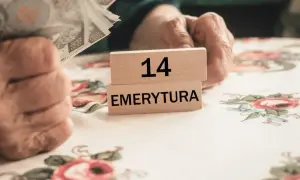 Dłonie trzymają pieniądze obok drewnianych klocków z napisem "14 EMERYTURA".
