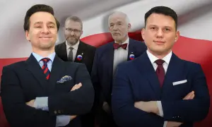 Czterech mężczyzn w garniturach na tle flagi Polski. Czy liberalny program Konfederacji faworyzuje wyłącznie najbogatszych?