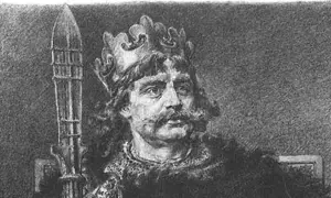 Portret Bolesława Chrobrego, pierwszego króla polskiego, z koroną i berłem.