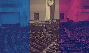 Puste ławy sejmowe, podzielone kolorami symbolizującymi różnice programowe między lewicą a Koalicją Obywatelską.