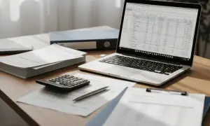 Biurko z laptopem wyświetlającym arkusz kalkulacyjny, stosem dokumentów, kalkulatorem i długopisem. Idealne miejsce do pracy nad podatkami, np. rozliczeniem ryczałt.