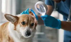 Weterynarz bada ucho corgi. Przyszłość praw i ochrony zwierząt w Polsce, w tym ustawa schroniskowa, zapewni im lepszą przyszłość.