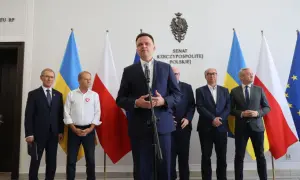 Pakt senacki Koalicji Obywatelskiej, jak wpłynął na układ sił? Politycy na tle flag Polski i Ukrainy.