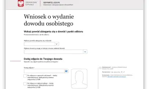 Formularz wniosku o wydanie dowodu osobistego. Wybierz powód ubiegania się o dowód i dodaj zdjęcie.