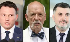 Trzech mężczyzn: polityk w garniturze, starszy pan w muszce i mężczyzna w garniturze. Konfederacja a europarlament: cele frakcji i sojusze w Unii.