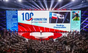 Na scenie Koalicji Obywatelskiej prezentowane są "100 konkretów na pierwsze 100 dni rządów". W tłumie widzów widać hasła i symbole partii.