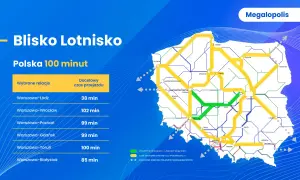 Konfederacja a projekt CPK: mapa pokazuje szybkie połączenia kolejowe do lotniska, z Warszawą w centrum.