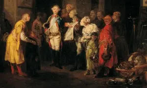 Stanisław August Poniatowski, ostatni król polski, w otoczeniu dworzan. Scena z życia dworu, z globusem w tle.