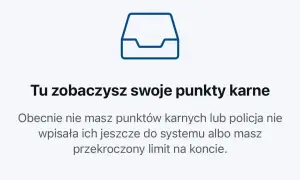 Ikona folderu i tekst informujący o punktach karnych. Obecnie brak punktów lub przekroczenie limitu, np. przez przekroczenie prędkości o 30 km/h.