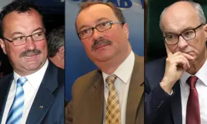 Trzy portrety polityków. Na pierwszym Włodzimierz Czarzasty syn, w granatowej marynarce i niebieskim krawacie.