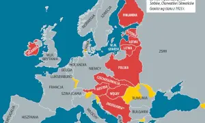 Mapa Europy z 1923 roku, ukazująca granice państw po traktacie wersalskim. Czerwone państwa to m.in. Polska, Finlandia, kraje bałtyckie.