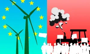 Konfederacja krytykuje Zielony Ład i unijną politykę klimatyczną. Z jednej strony wiatraki i gwiazdy UE, z drugiej traktor i protestujący.
