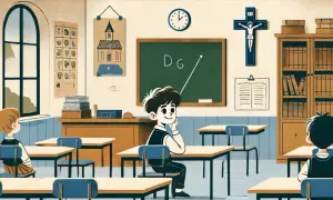 Klasa z krzyżem na ścianie, tablicą i uczniami. Lekcja religii w szkole.