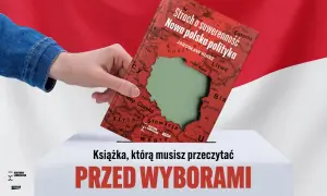 Ręka wrzuca książkę "Strach o suwerenność. Nowa polska polityka" do urny wyborczej. Obraz symbolizuje troskę o suwerenną Polskę przed wyborami.