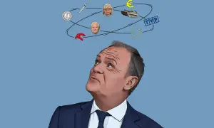 Polityk patrzy na symbole: złoty, euro, czołg, UE, TVP, strzykawkę, twarze polityków. Zastanawia się nad wpływem rządów PiS na ceny mieszkań w Polsce.