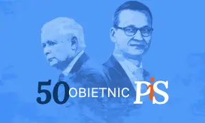 Portret Jarosława Kaczyńskiego i Mateusza Morawieckiego na niebieskim tle z napisem "50 obietnic PiS".