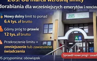 ZUS podnosi limity dorabiania do emerytury: od marca można zarobić ponad 6,4 tys. zł brutto, a górny próg to prawie 12 tys. zł brutto.