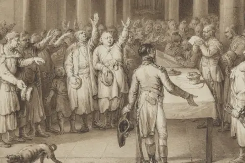 Tłum szlachty wznosi ręce, protestując. Jeden z nich, zdeterminowany, używa liberum veto, by zatrzymać obrady.