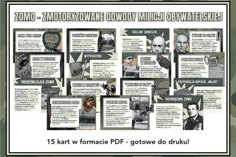 ZOMO - Zmotoryzowane Odwody Milicji Obywatelskiej. Obraz przedstawia historię tej formacji, jej wyposażenie i kluczowe wydarzenia.