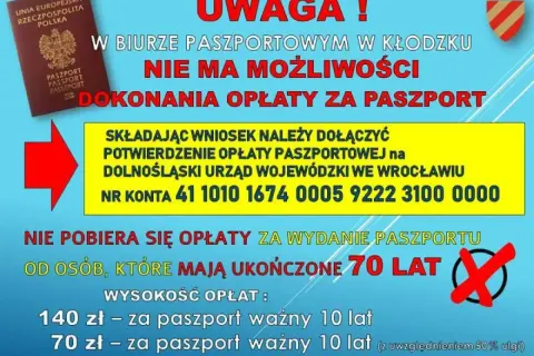 Informacja o tym, ile kosztuje wyrobienie paszportu w Kłodzku. Opłata 140 zł za paszport 10-letni, 70 zł dla osób z 50% ulgą.