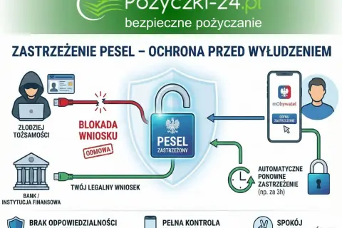 Schemat pokazuje, jak zastrzec PESEL, by chronić się przed wyłudzeniem. Złodziej próbuje, ale wniosek jest blokowany. Ty możesz cofnąć zastrzeżenie w aplikacji mObywatel.