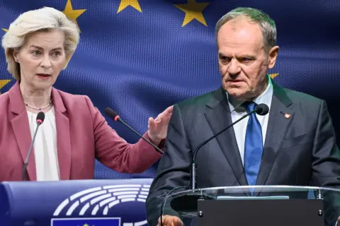 Ursula von der Leyen i Donald Tusk na tle flagi UE. Ich relacje z Unią Europejską to historia konfliktów i napięć.