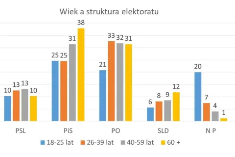 Wykres pokazuje strukturę elektoratu PiS: najwięcej wyborców ma 60+ lat (38%), a także 40-59 lat (31%).