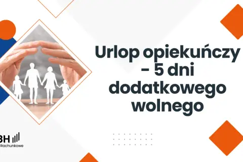 Dłonie chroniące rodzinę z papieru. Informacja o urlopie opiekuńczym – 5 dni dodatkowego wolnego.