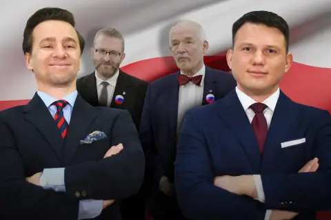 Czterech mężczyzn w garniturach na tle flagi Polski. Czy liberalny program Konfederacji faworyzuje wyłącznie najbogatszych?