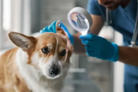 Weterynarz bada ucho corgi. Przyszłość praw i ochrony zwierząt w Polsce, w tym ustawa schroniskowa, zapewni im lepszą przyszłość.