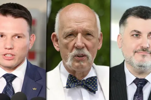 Trzech mężczyzn: polityk w garniturze, starszy pan w muszce i mężczyzna w garniturze. Konfederacja a europarlament: cele frakcji i sojusze w Unii.