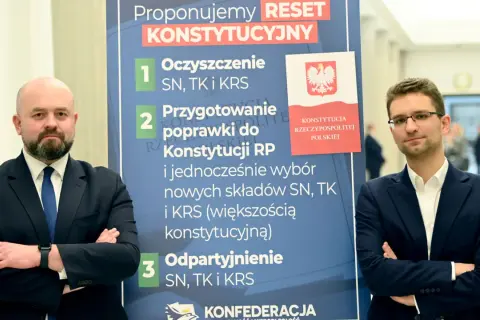 Konfederacja prezentuje "Reset Konstytucyjny", proponując zmiany w SN, TK i KRS. Ich stosunek do praworządności i wyroków trybunału jest kluczowy.