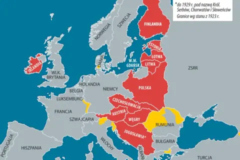 Mapa Europy z 1923 roku, ukazująca granice państw po traktacie wersalskim. Czerwone państwa to m.in. Polska, Finlandia, kraje bałtyckie.
