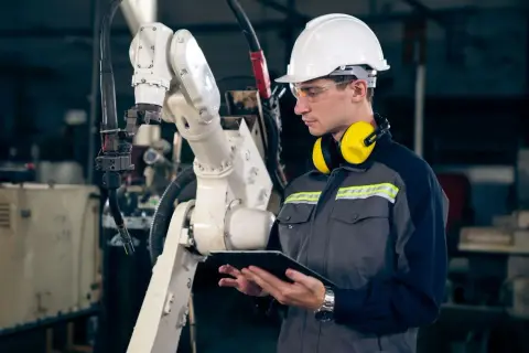 Inżynier w białym kasku i ochronnych słuchawkach nadzoruje pracę robota przemysłowego, optymalizując procesy w fabryce. To obraz nowoczesnego kapitalizmu.