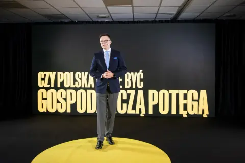 Szymon Hołownia prezentuje wizję, jak partia chce stymulować wzrost gospodarczy, by Polska stała się potęgą.