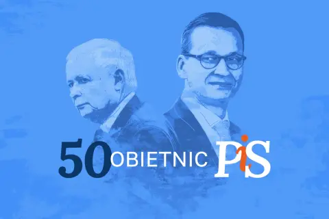 Portret Jarosława Kaczyńskiego i Mateusza Morawieckiego na niebieskim tle z napisem "50 obietnic PiS".
