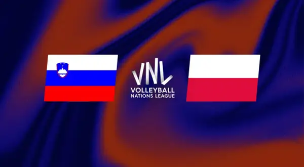 Flagi Polski i Słowenii obok logo VNL. Emocje na parkiecie w Volleyball Nations League!