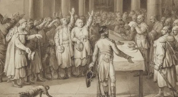 Tłum szlachty wznosi ręce, protestując. Jeden z nich, zdeterminowany, używa liberum veto, by zatrzymać obrady.