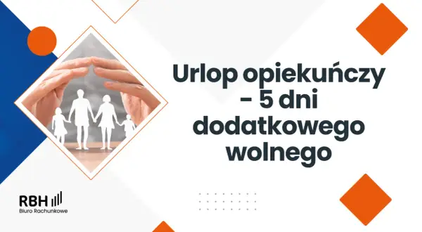 Dłonie chroniące rodzinę z papieru. Informacja o urlopie opiekuńczym – 5 dni dodatkowego wolnego.