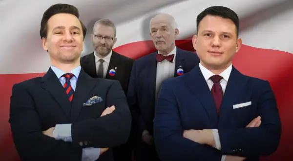 Czterech mężczyzn w garniturach na tle flagi Polski. Czy liberalny program Konfederacji faworyzuje wyłącznie najbogatszych?