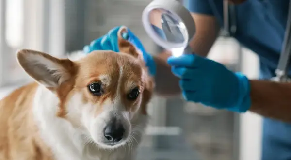 Weterynarz bada ucho corgi. Przyszłość praw i ochrony zwierząt w Polsce, w tym ustawa schroniskowa, zapewni im lepszą przyszłość.