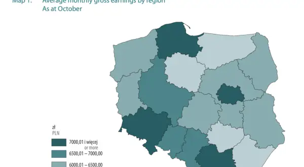 Mapa Polski z zaznaczonymi regionami i ich przeciętnym miesięcznym wynagrodzeniem brutto w październiku.