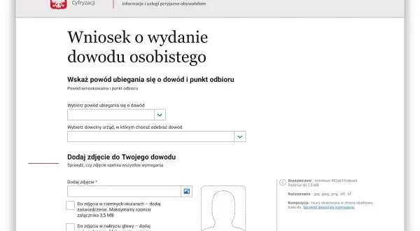 Formularz wniosku o wydanie dowodu osobistego. Wybierz powód ubiegania się o dowód i dodaj zdjęcie.