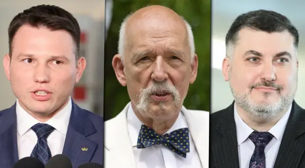 Trzech mężczyzn: polityk w garniturze, starszy pan w muszce i mężczyzna w garniturze. Konfederacja a europarlament: cele frakcji i sojusze w Unii.