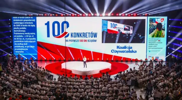 Na scenie Koalicji Obywatelskiej prezentowane są "100 konkretów na pierwsze 100 dni rządów". W tłumie widzów widać hasła i symbole partii.