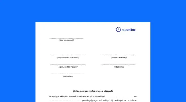 Formularz wniosku o urlop ojcowski. Wypełnij dane pracownika i pracodawcy, aby skorzystać z urlopu.