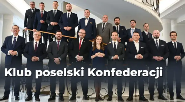 Klub parlamentarny Konfederacji: grupa posłów w garniturach, zjednoczona, ale z widocznymi podziałami w głosowaniach.