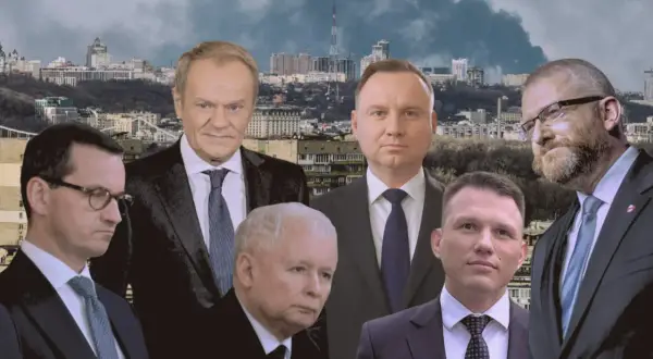 Polityka zagraniczna PiS wobec Ukrainy i Rosji. Liderzy PiS na tle dymiącego Kijowa.